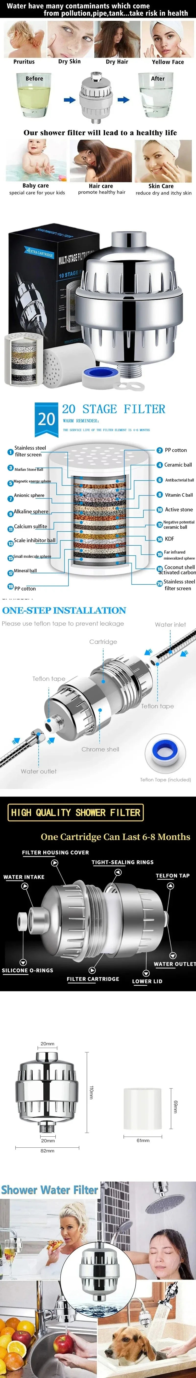 Shower head filter - Connects to existing shower head to remove chlorine, metals and contaminants that cause dry and damaged hair as well as dry and itchy skin.