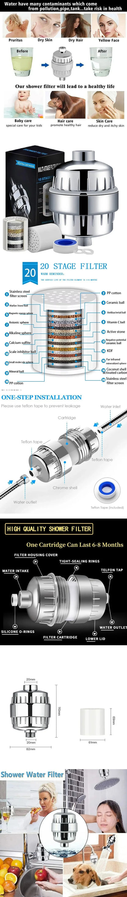 Shower head filter - Connects to existing shower head to remove chlorine, metals and contaminants that cause dry and damaged hair as well as dry and itchy skin.